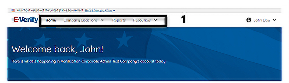 Screen capture of the corporate administrator user web page showing Area 1 which displays the following menu options: Home, Company Locations, Reports, Resources