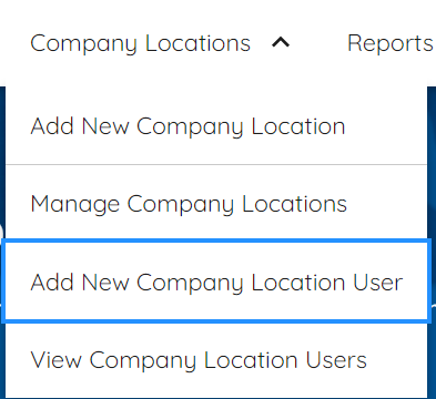 Screen capture showing the "Add New Company Location User" menu option