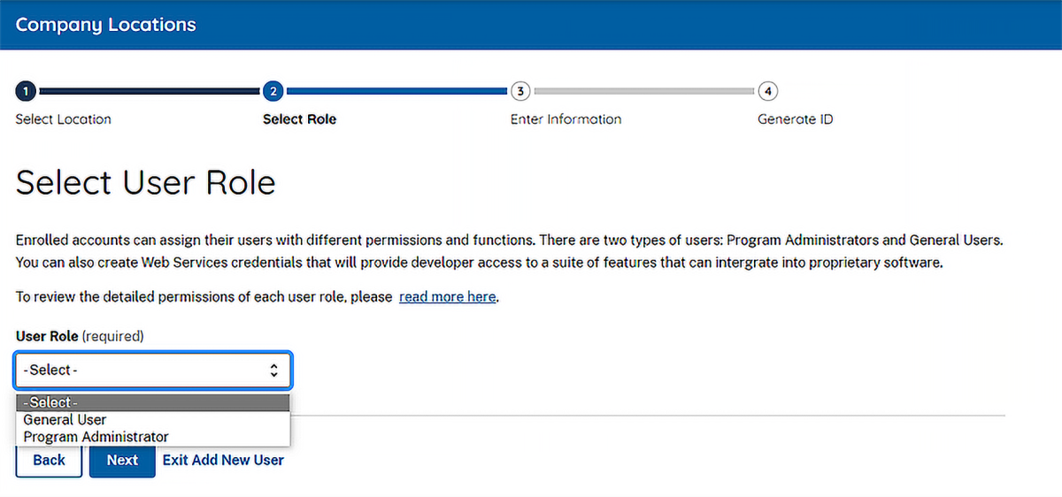 Screen capture showing how to select user role: general user or program administrator