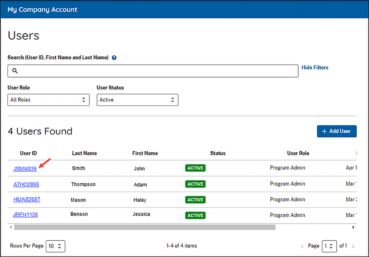 Screen capture showing users (by User ID), how to edit their information and delete them.