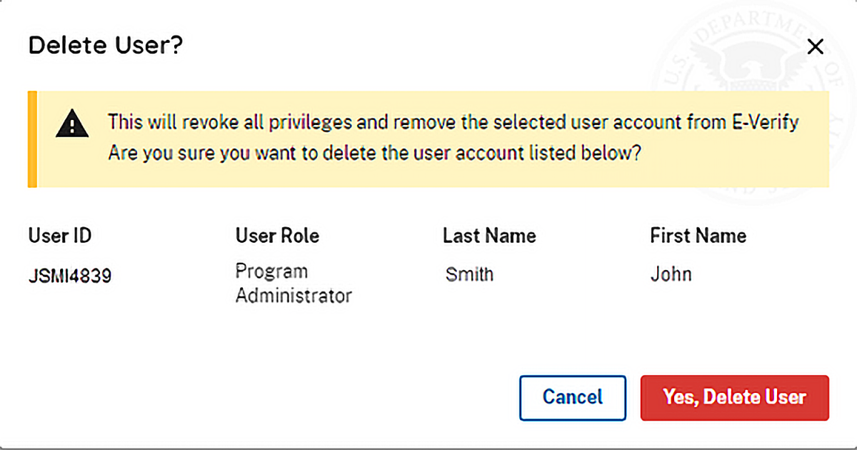 Screen capture showing user information to be deleted? and a red button: Yes, Delete User