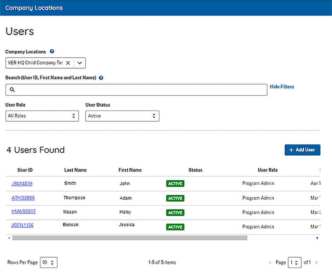 Screen capture showing Company Locations Users Summary List screen.