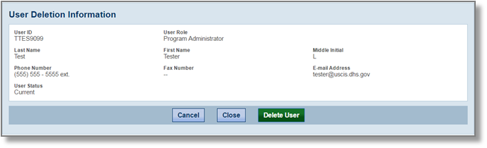 Screenshot of User Deletion Information screen