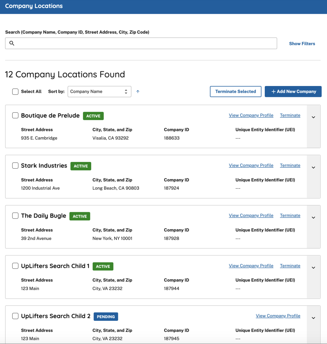 Screenshot of the E-Verify Edit Corporate Profile screen.