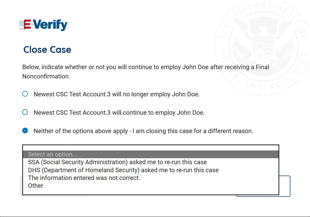 Screenshot Close Case continued employment incidcating neither options above apply