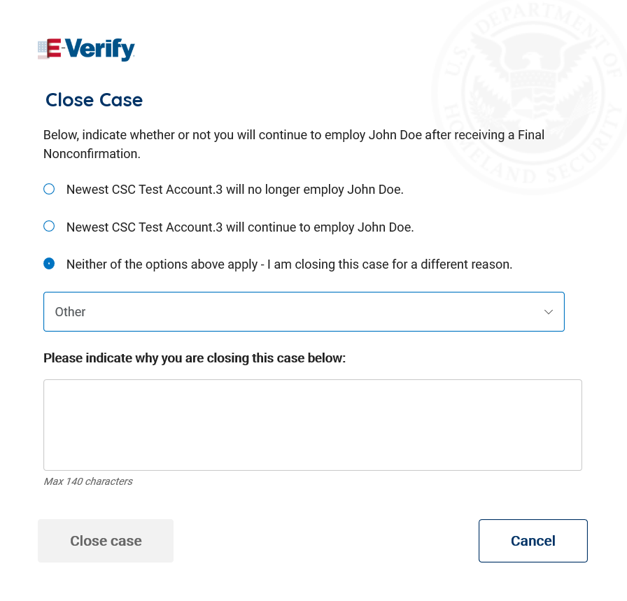 Screen capture of E-Verify Case Close selecting Neither to indicate no decision from employee on how handle mismatch
