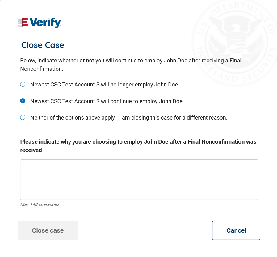Screenshot Close Case continued employment