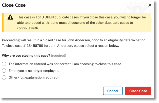 Screen capture of "Close Case" screen.