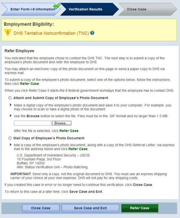 Screen shot of E-Verify DHS Tentative Nonconfirmation Refer Employee screen.