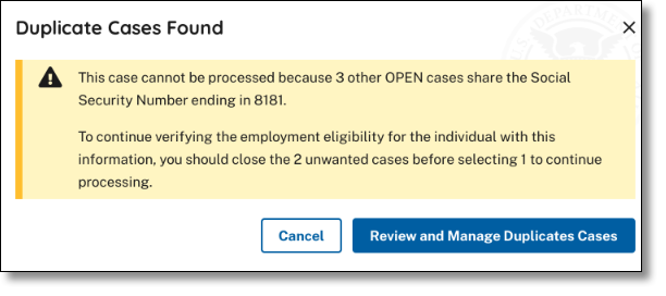 Screen capture showing "Duplicate Cases Found" ERROR