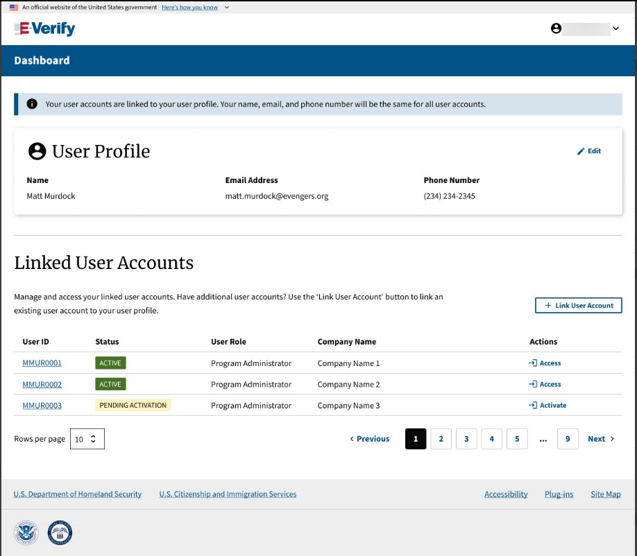 E-Verify Dashboard, User Profile and Linked User Accounts with User ID to link user account.