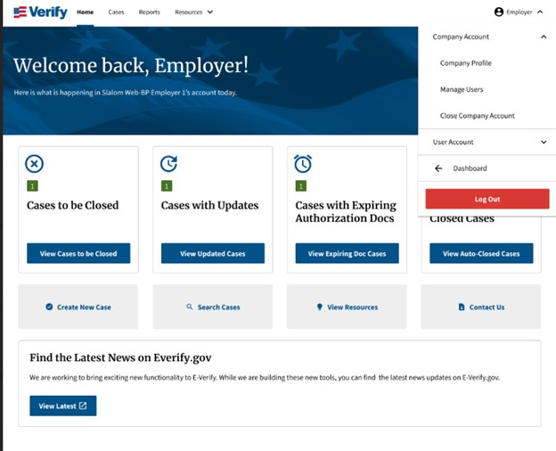 E-Verify Welcome Back screen with Company Account and User Account dropdown. Dashboard option.