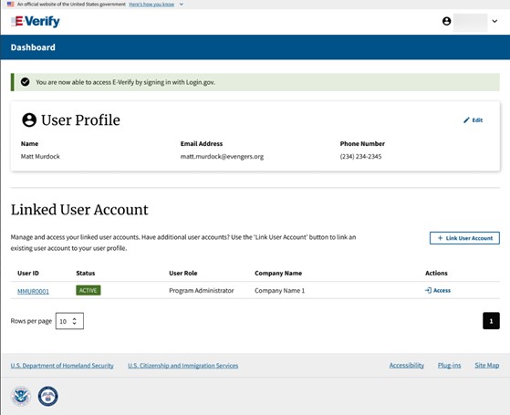 E-Verify Dashboard, User Profile and Linked User Account with User ID to link user accounts.