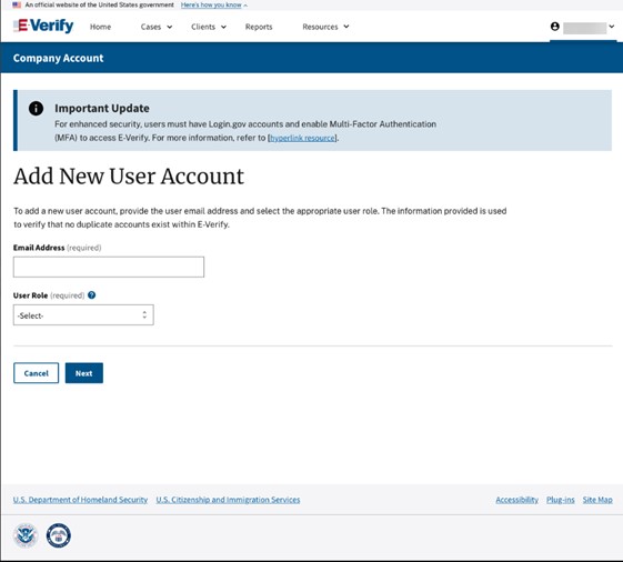 E-Verify screenshot showing fields to add a new user by email address and user role.