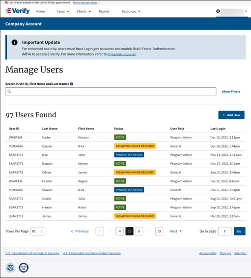 E-Verify Company Account, Manage Users screen with search and click to Add User.