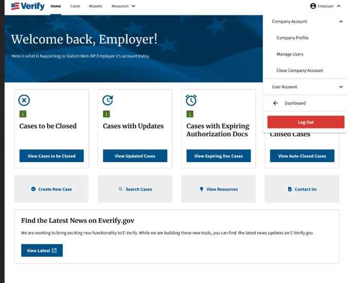 E-Verify employer welcome dashboard with drop down menus for Cases, Reports, Resources.