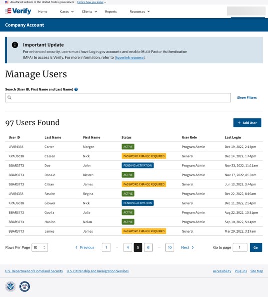 Manage User screen.