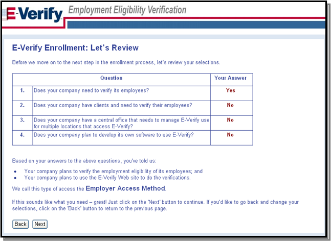 E-Verify Enrollment: Let's review screenshot