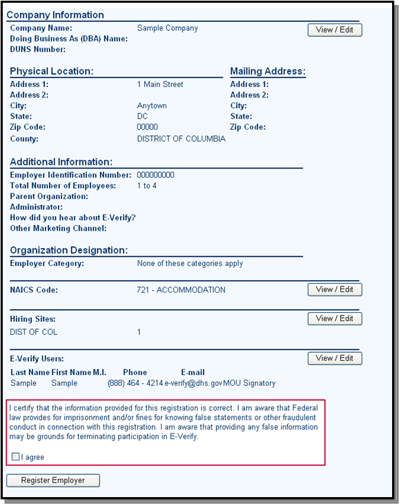 E-Verify Enrollment Review and Certify Screenshot