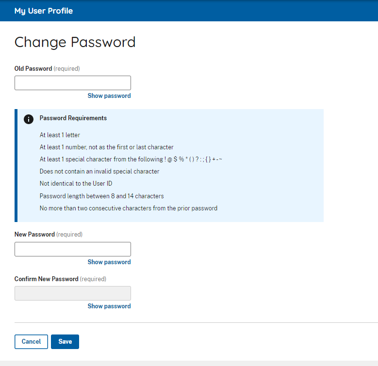 Screen capture showing where to Enter Old and New Passwords