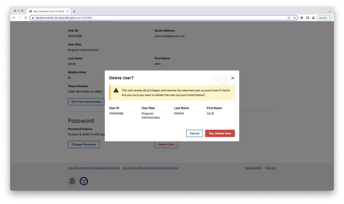 Screen capture showing the info of the user to be deleted with Red Button: "Yes, to Delete User"