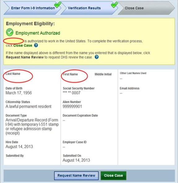 Screenshot of E-Verify's Verification results page indicating employment authorized highlighting first and last name.