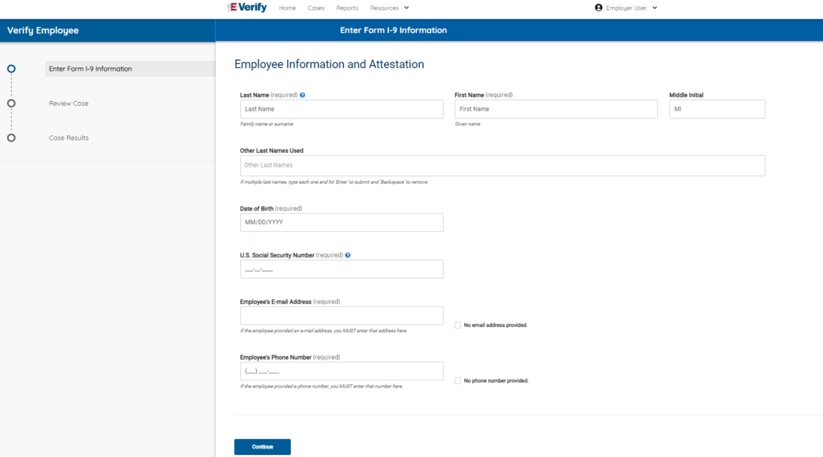 screen capture showing "Enter the employee’s Form I-9 information" initial page