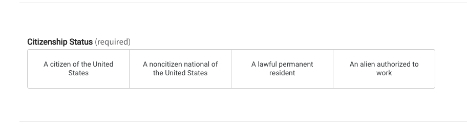 screen capture showing "Enter the employee’s Form I-9 information" citizenship statussecond page 