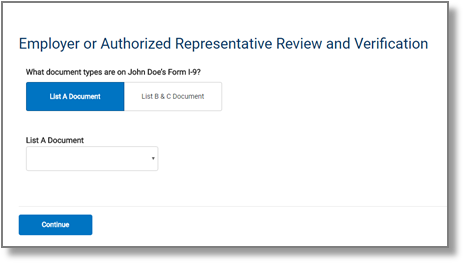 screen capture showing "Employer or Authorized Representative Review and Verification" List A 