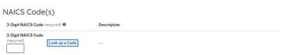 Screen capture of NAICS Code(s) lookup feature