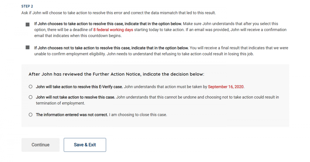 Screen Capture showing where employer indicates no decision from employee on mismatch - unselected