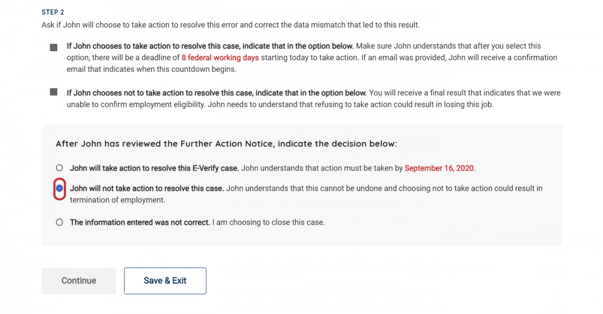 Screen Capture showing where employer indicates no decision from employee on mismatch - Selected