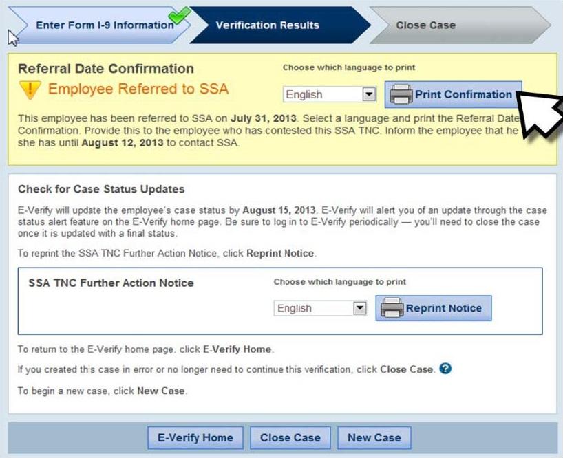 Screen shot of E-Verify Employee Referred to SSA screen. A white arrow points to the Print Confirmation button.
