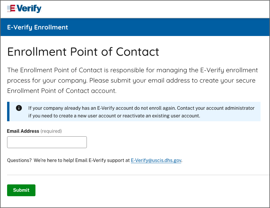 Screen Capture of E-Verify Enrollment's Point of Contact Page