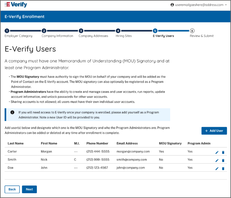 Screen capture showing E-Verify Users
