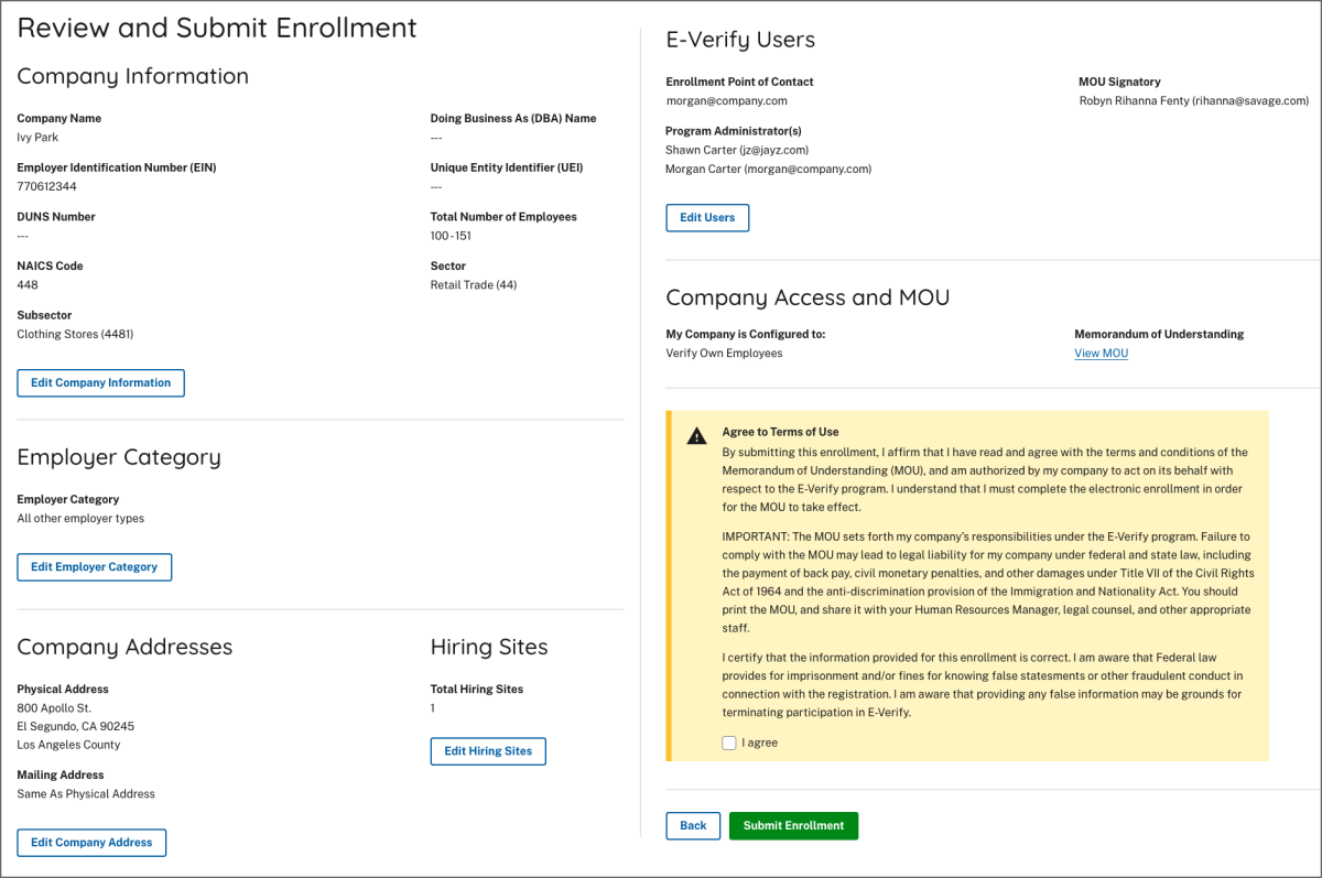 Screen capture showing E-Verify Enrollment Review and Submit Page.