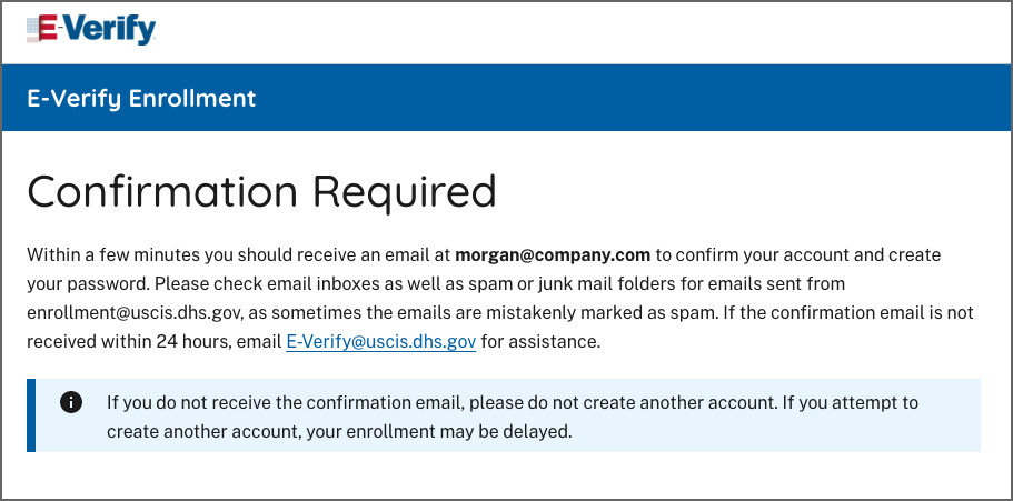 Screen Capture of E-Verify Enrollment's Confirmation Required page