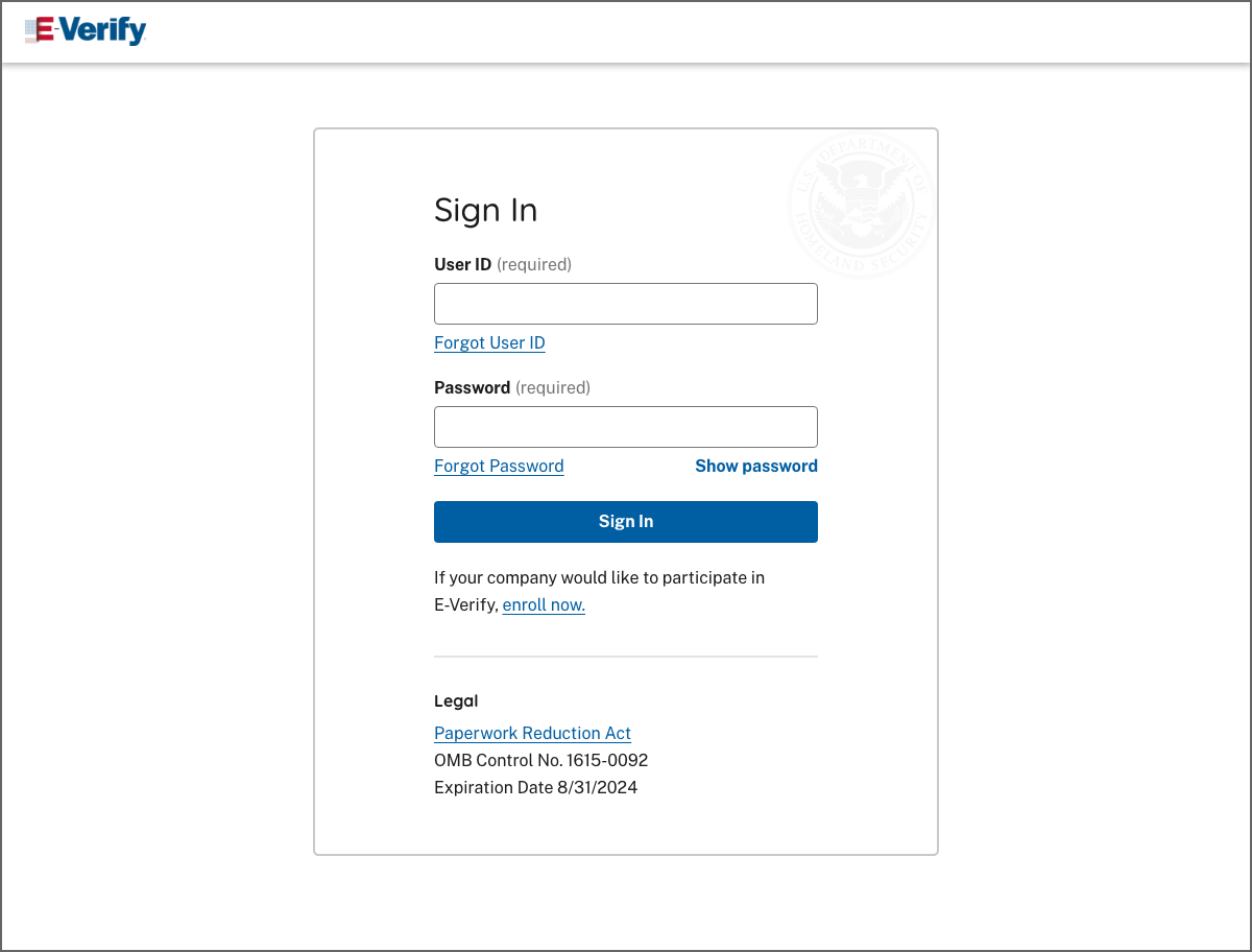 Screen Capture of E-Verify's Sign In Screen