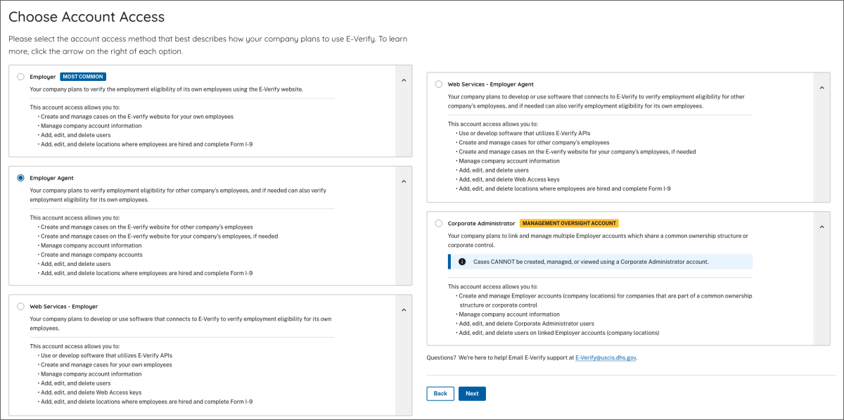 Screen Capture showing E-Verify Enrollment;s Choose Account Access Page