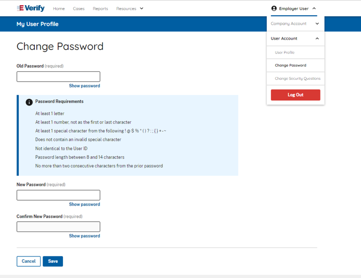 Change User Password screen capture