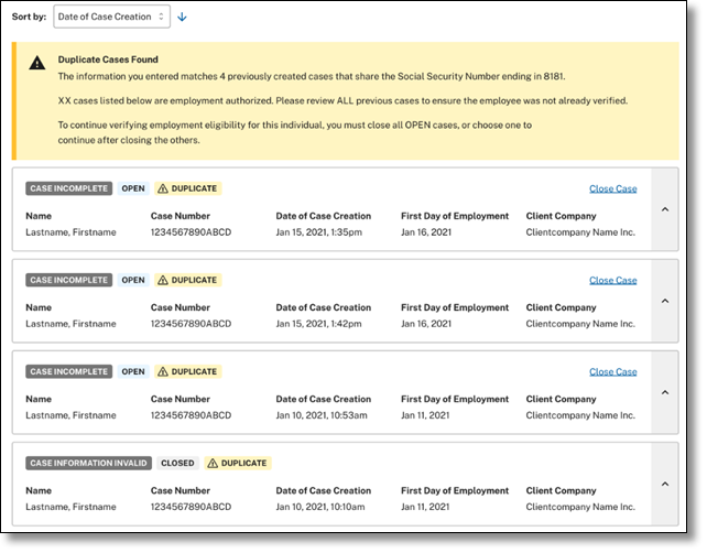 Screen Capture showing the "Review and Manage Cases" screen.