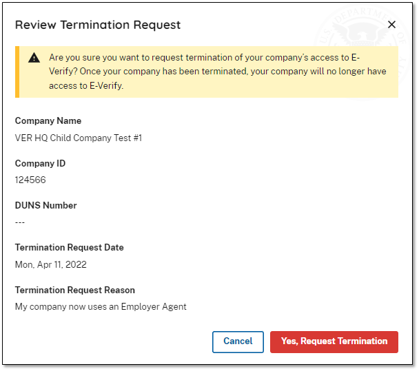 Termination Request Information