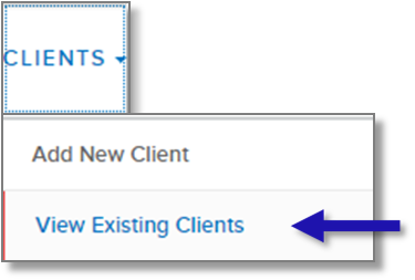 Screenshot of Clients navigation tab highlighting View Existing Client