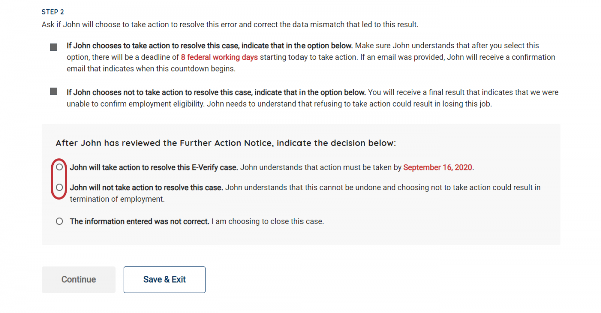 Screenshot of Employee Deision to take or not take action to resolve mismatch