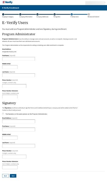 E-Verify screen captures showing fields to add one Program Administrator and one Signatory during enrollment.