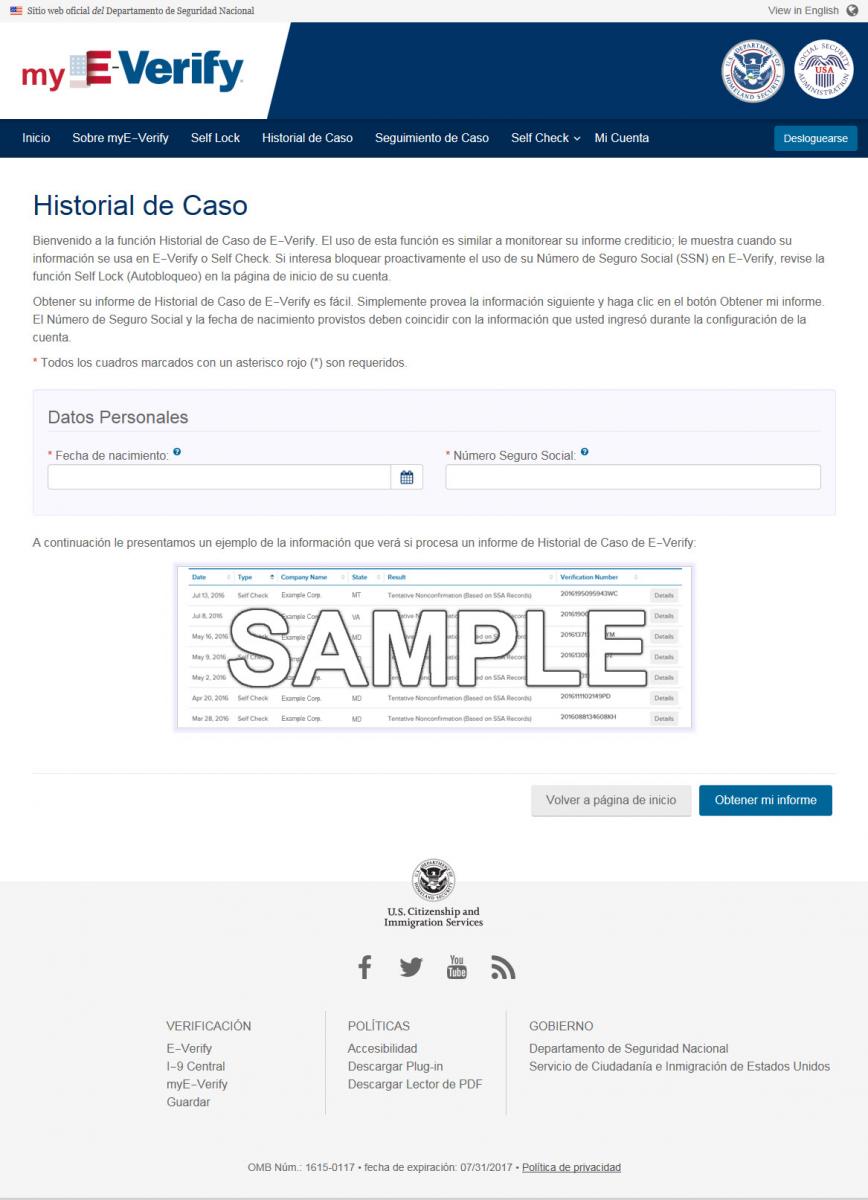 Captura de pantalla de una muestra Welcome MyE-Verify® Página de Bienvenida Histórica de Caso